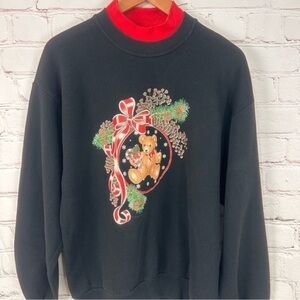Vintage women’s Christmas sweatshirt mock neck teddy bear black red crewneck